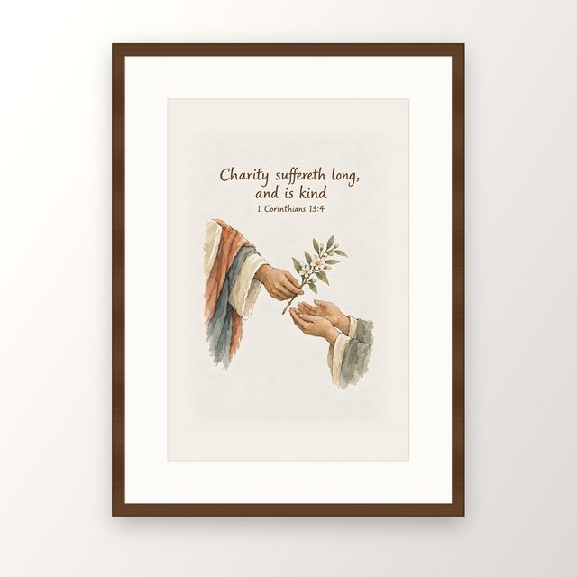 Charity Suffereth Long and Is Kind, 1 Corinthians 13:4 watercolor print, framed