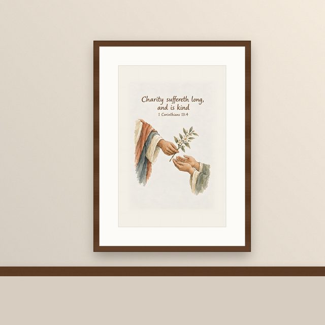 Charity Suffereth Long and Is Kind, 1 Corinthians 13:4 watercolor print, framed on a wall