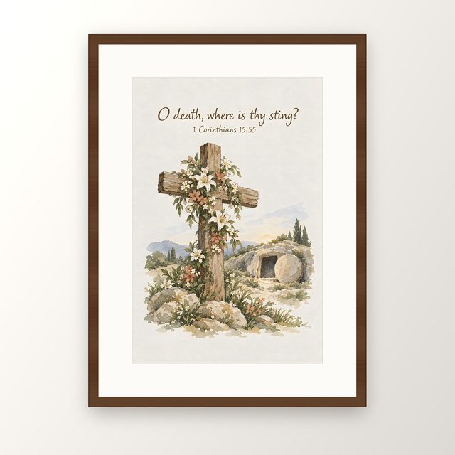 Easter Cross, 1 Corinthians 15:55 watercolor print, framed