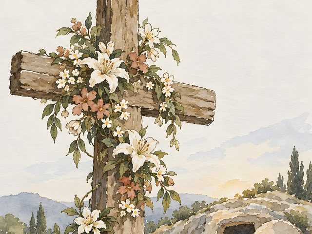 Easter Cross, 1 Corinthians 15:55 watercolor print, close-up of the watercolor painting