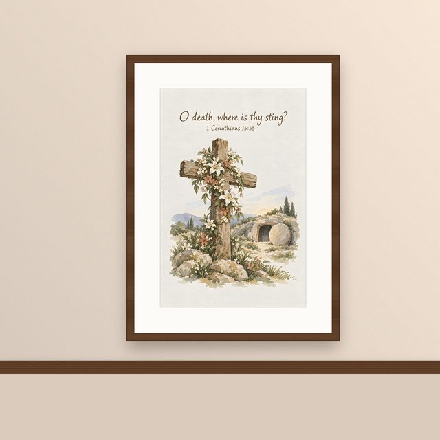 Easter Cross, 1 Corinthians 15:55 watercolor print, framed on a wall