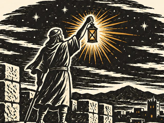 Watchman With a Lantern, 1 Corinthians 16:13 watercolor print, close-up of the watercolor painting