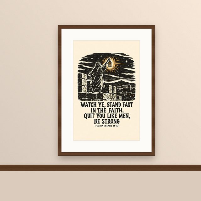 Watchman With a Lantern, 1 Corinthians 16:13 watercolor print, framed on a wall