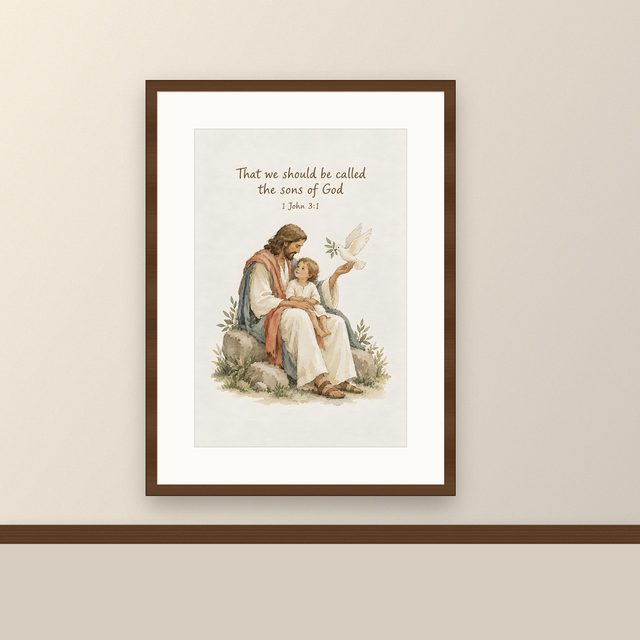 Child of God, 1 John 3:1 watercolor print, framed on a wall