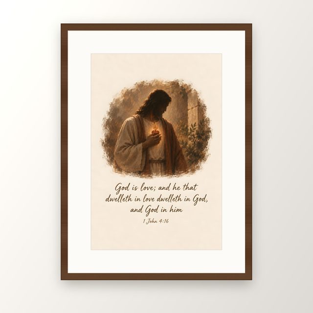 Sacred Heart, 1 John 4:16 watercolor print, framed