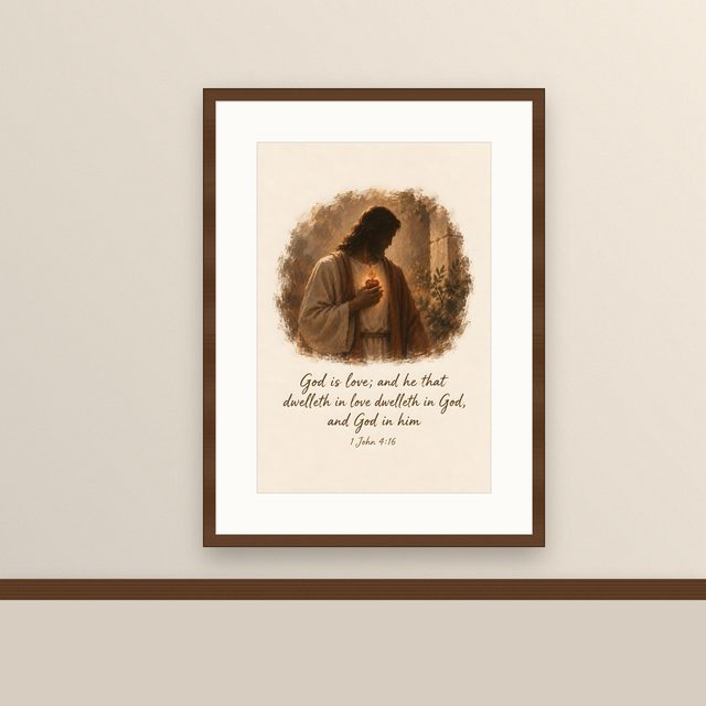 Sacred Heart, 1 John 4:16 watercolor print, framed on a wall