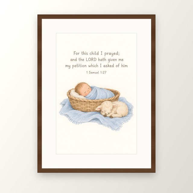 Blue Baby and Lamb, 1 Samuel 1:27 watercolor print, framed