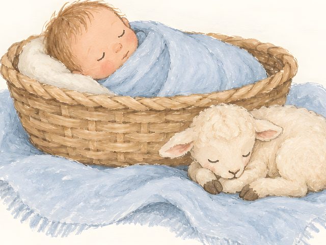 Blue Baby and Lamb, 1 Samuel 1:27 watercolor print, close-up of the watercolor painting