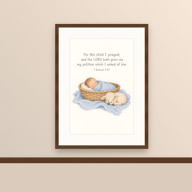Blue Baby and Lamb, 1 Samuel 1:27 watercolor print, framed on a wall