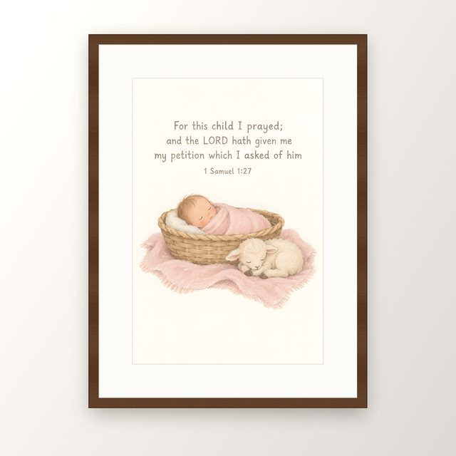 Pink Baby and Lamb, 1 Samuel 1:27 watercolor print, framed