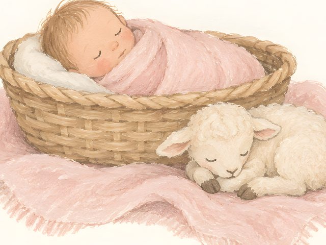 Pink Baby and Lamb, 1 Samuel 1:27 watercolor print, close-up of the watercolor painting