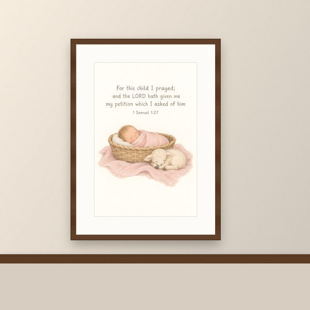 Pink Baby and Lamb, 1 Samuel 1:27 watercolor print, framed on a wall