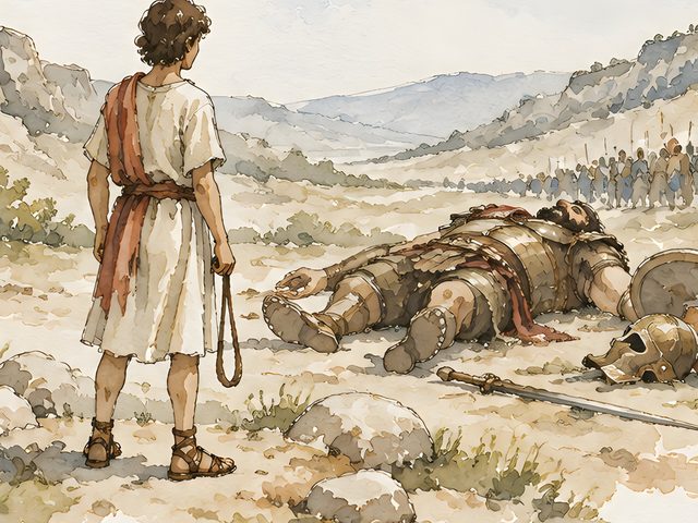 David and Goliath, 1 Samuel 17:47 watercolor print, close-up of the watercolor painting