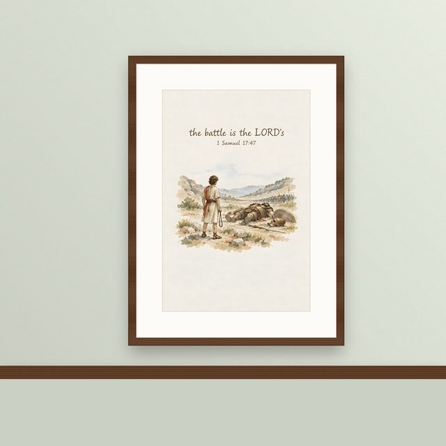 David and Goliath, 1 Samuel 17:47 watercolor print, framed on a wall