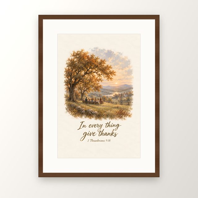 Harvest Table, 1 Thessalonians 5:18 watercolor print, framed