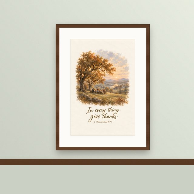 Harvest Table, 1 Thessalonians 5:18 watercolor print, framed on a wall