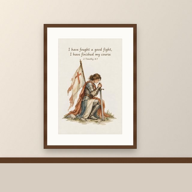 Joan of Arc, 2 Timothy 4:7 watercolor print, framed on a wall