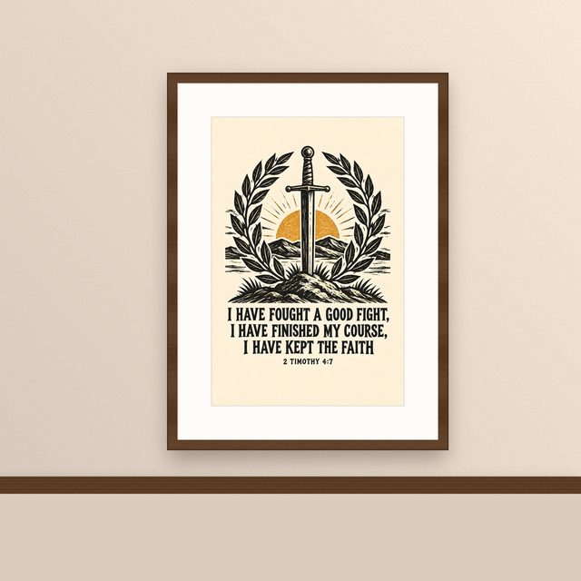Sword and Laurel, 2 Timothy 4:7 watercolor print, framed on a wall