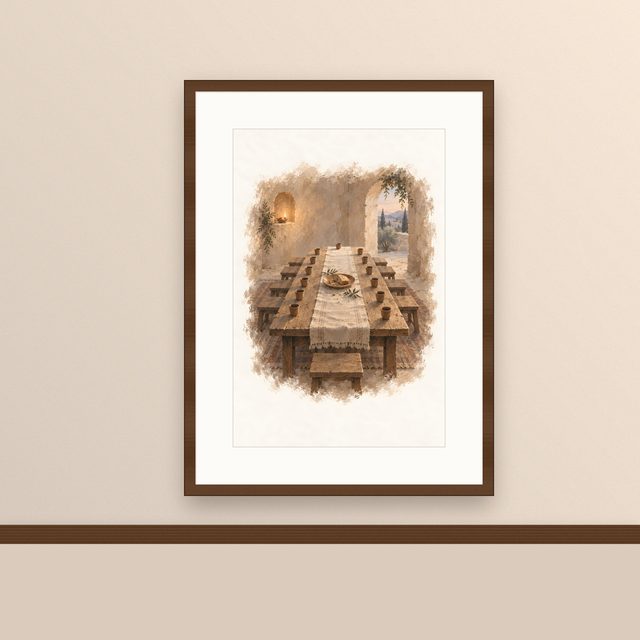 After the Supper, watercolor print, framed on a wall