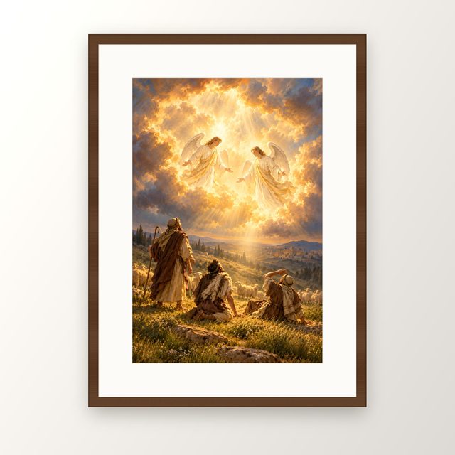 Angels and Shepherds oil-style print, in a walnut frame with a white mat