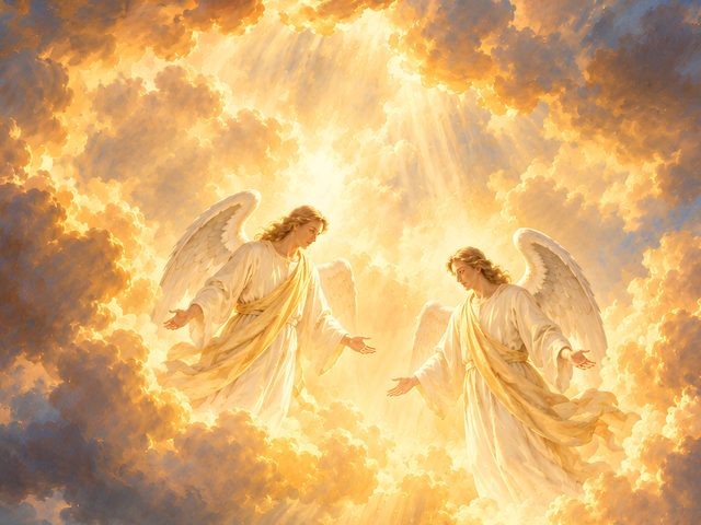 Angels and Shepherds oil-style print, close-up of the oil-style painting