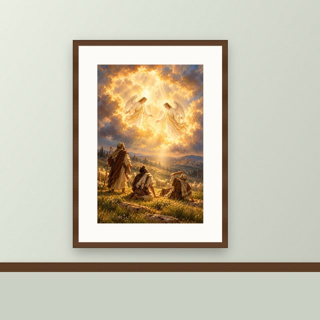 Angels and Shepherds oil-style print, framed and hung on a painted wall above a wooden ledge