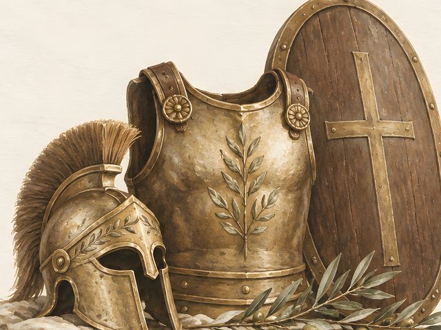 Armor of God watercolor print, close-up of the watercolor painting