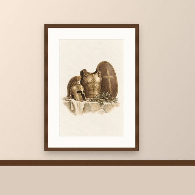 Armor of God, watercolor print, framed on a wall