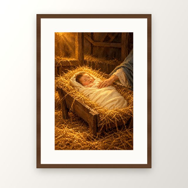 Away in a Manger oil-style print, in a walnut frame with a white mat