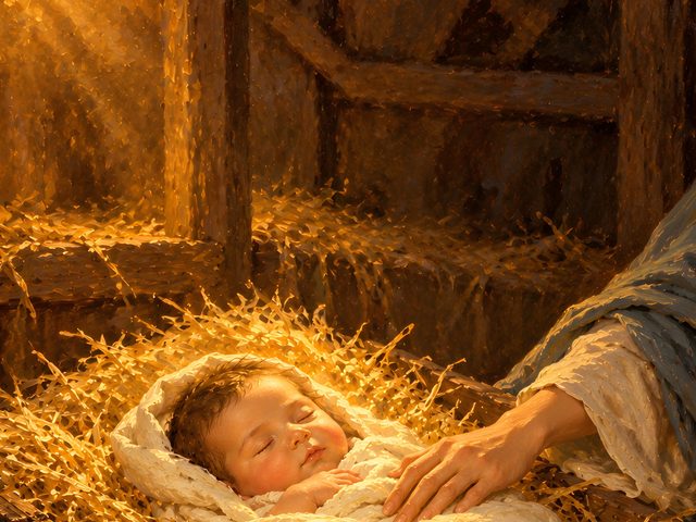 Away in a Manger oil-style print, close-up of the oil-style painting