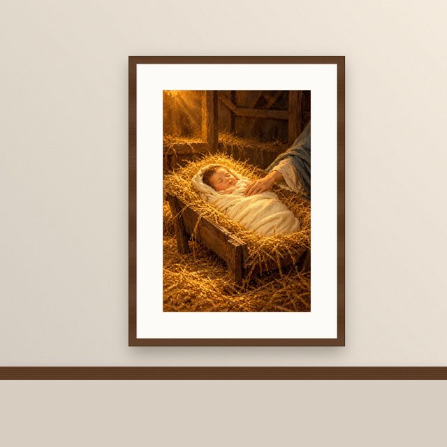 Away in a Manger oil-style print, framed and hung on a painted wall above a wooden ledge