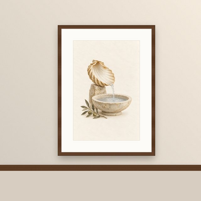 Baptism Shell, watercolor print, framed on a wall