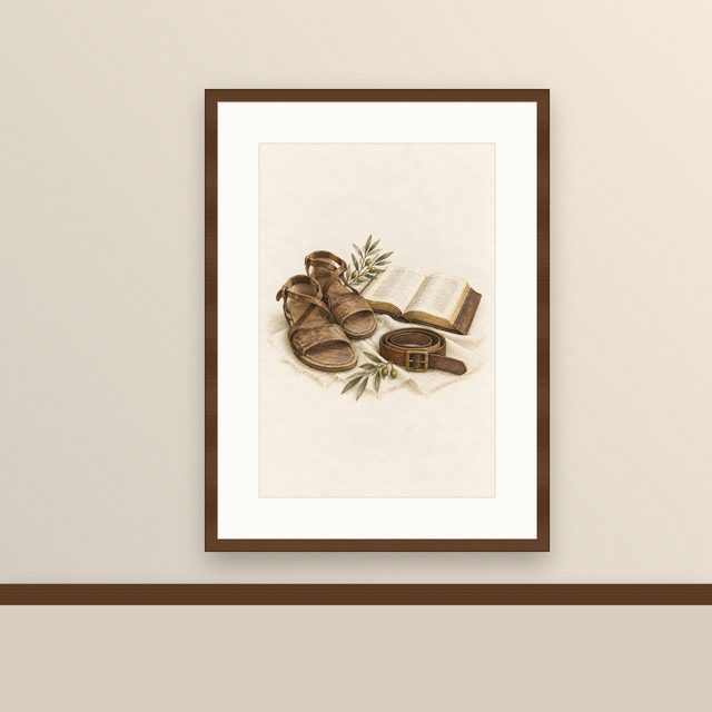 Belt of Truth, watercolor print, framed on a wall