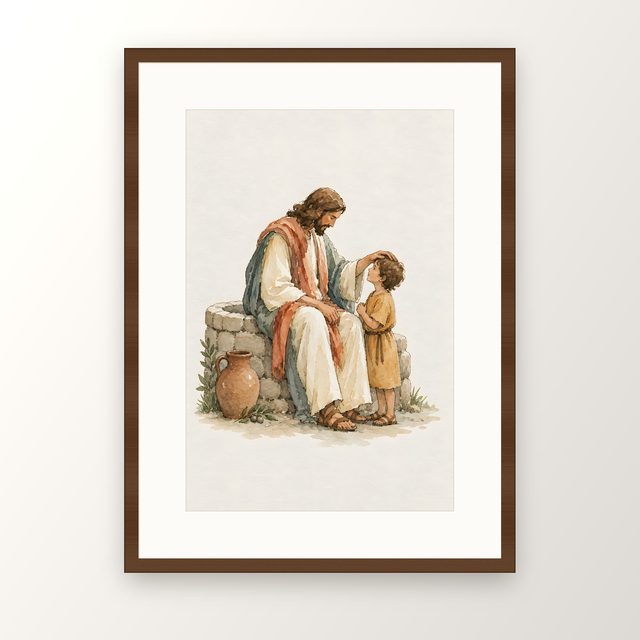 Blessing at the Well, watercolor print, framed
