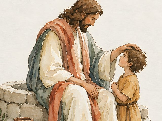 Blessing at the Well watercolor print, close-up of the watercolor painting