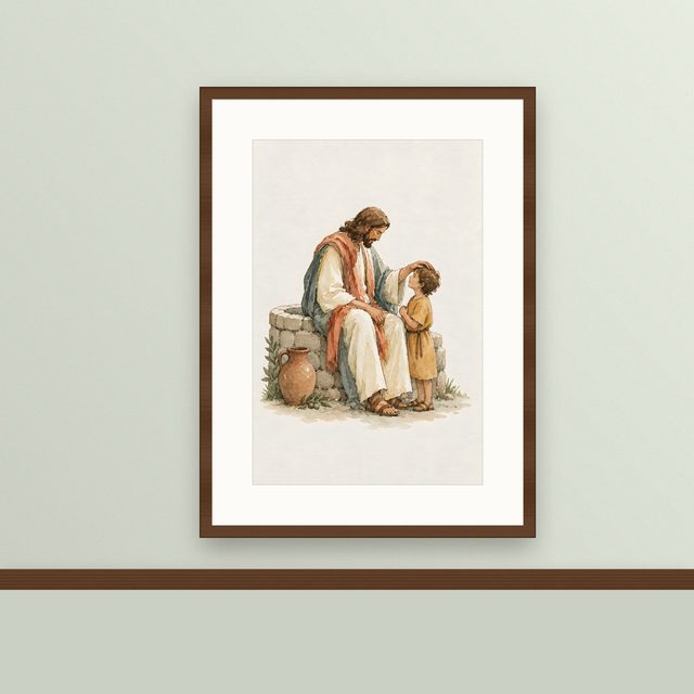 Blessing at the Well, watercolor print, framed on a wall