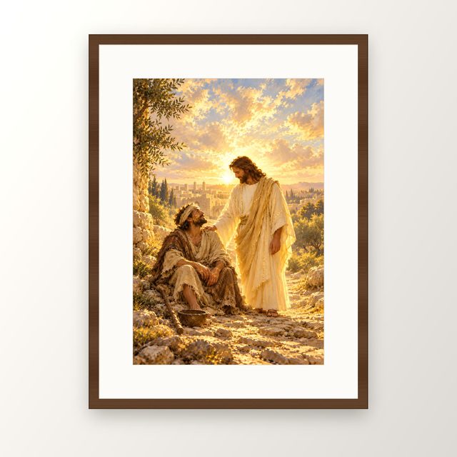 Blind Bartimaeus Healed oil-style print, in a walnut frame with a white mat