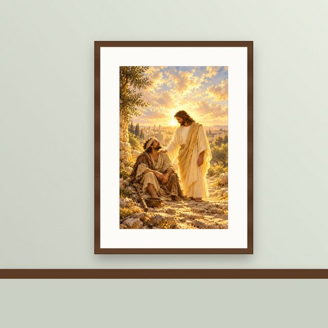 Blind Bartimaeus Healed oil-style print, framed and hung on a painted wall above a wooden ledge