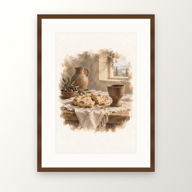 Bread and Cup, watercolor print, framed