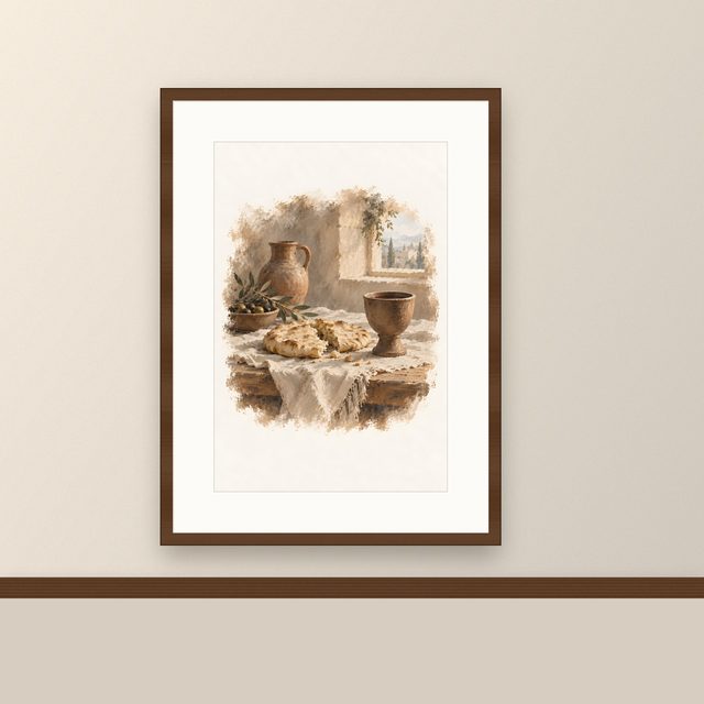 Bread and Cup, watercolor print, framed on a wall
