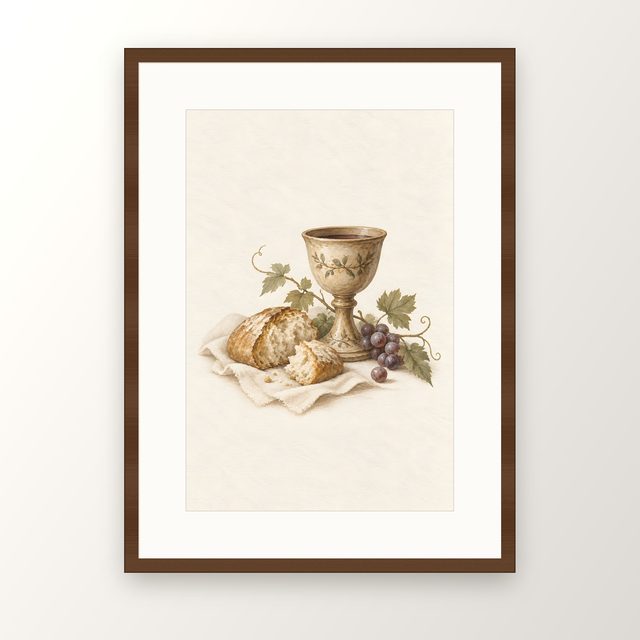 Chalice and Bread, watercolor print, framed
