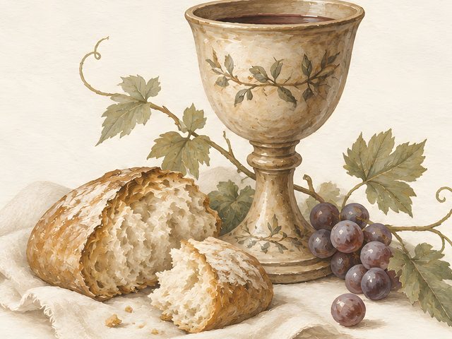 Chalice and Bread watercolor print, close-up of the watercolor painting