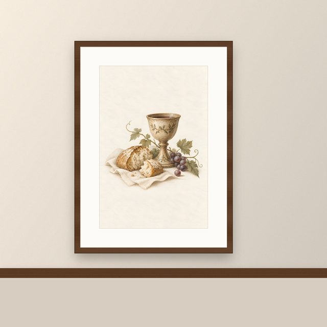 Chalice and Bread, watercolor print, framed on a wall