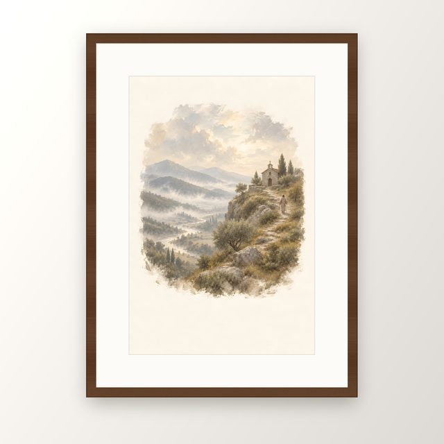 Chapel Above the Valley, watercolor print, framed