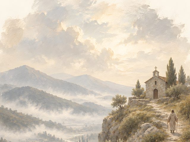 Chapel Above the Valley watercolor print, close-up of the watercolor painting