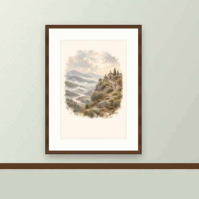 Chapel Above the Valley, watercolor print, framed on a wall