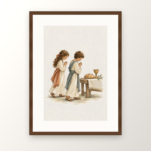 Children at Prayer, watercolor print, framed