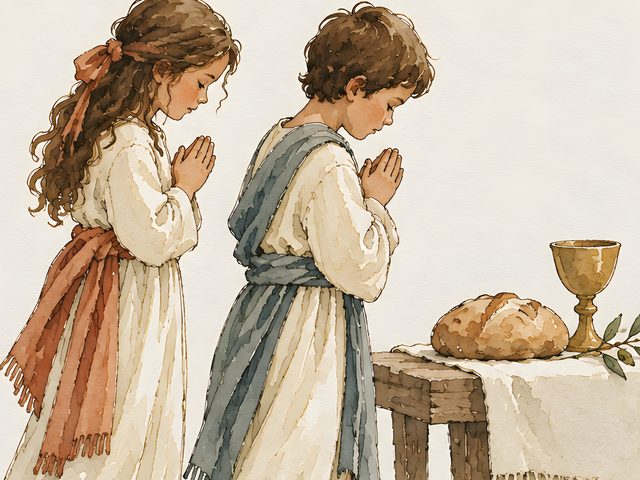 Children at Prayer watercolor print, close-up of the watercolor painting