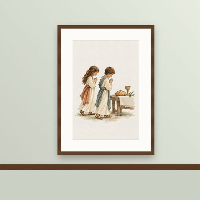 Children at Prayer, watercolor print, framed on a wall