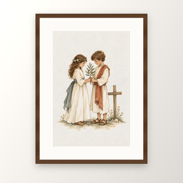 Children at the Cross, watercolor print, framed